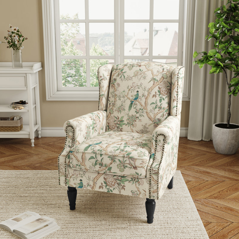 Upholstered Accent Chair, Bird Polyester/Walnut