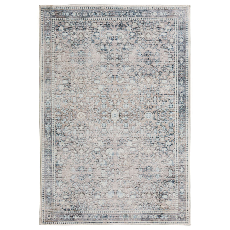 Kaysyn Oriental Floral Design Performance Machine Washable and Foldable Area Rug Ivory/Blue, Rectangle 5' x 7'