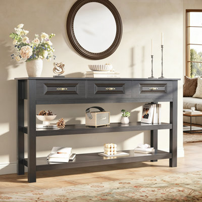 Elysian Farmhouse Console Table with 3 Drawers and Open Shelves, 63“ Wood Sofa Table for Entryway Hallway Living Room