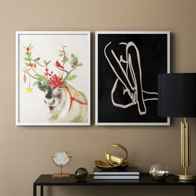 Playful Reindeer II - reproduction encadrée de qualité supérieure - prête à être accrochée - aucun clou requis - aucun clou requis