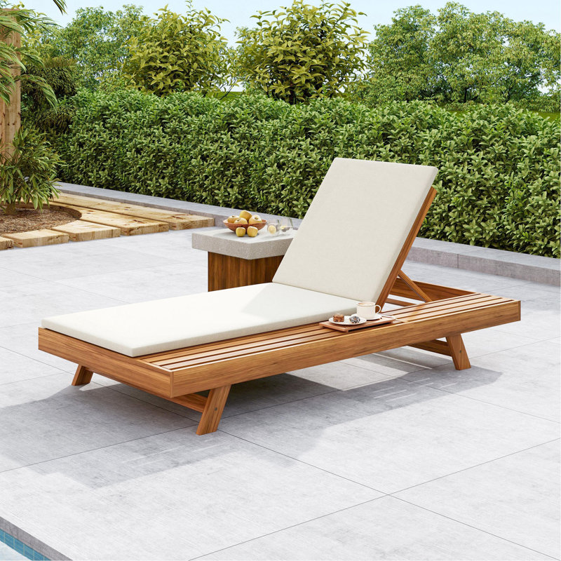 LOUNGE CHAISE SET,SPACE AVAILABLE ON ONE SIDE, ACACIA WOOD WITH WATER-RESISTANT LOUNGE CUSHIONS (CREAM  2 INCH THICK) - MATCHING VERSION AVAILABLE