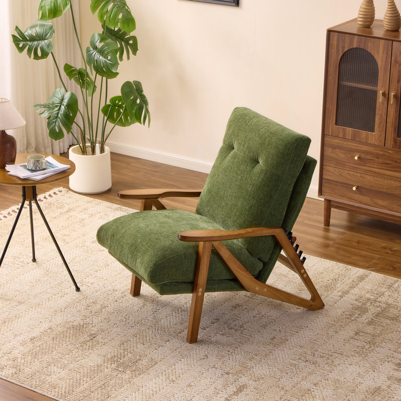 Chenille Upholstered Accent Chair With 5-Position Adjustable Backrest, Rubber Wood Arms, Indoor Leisure Chair, Green Chenille