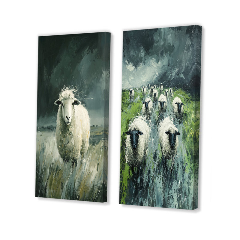«Stormy Pasture Of Sheep I», art mural 2 panneaux, 32" H x 33" W, Toile tendue