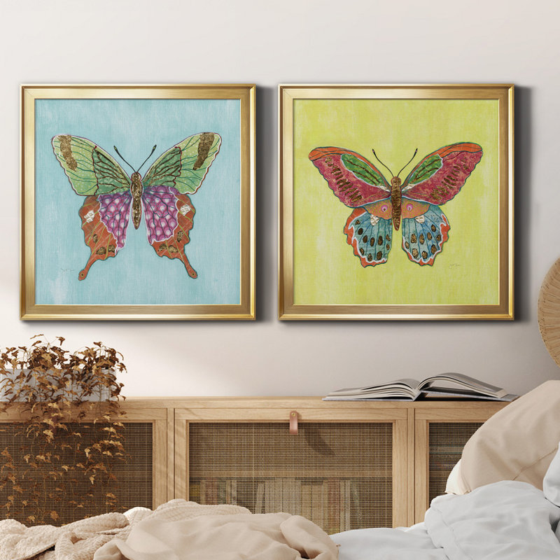 " Butterfly On Blue " 2 - Pieces, 17.5" H x 35" W x 1.5" D, Gold