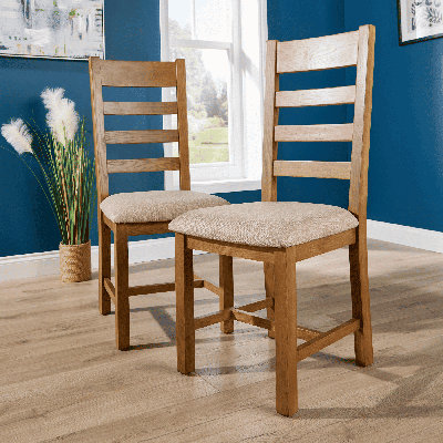 Pair of Assembled High Slatted Back Dining Chairs Wool Seat Solid Oak Legs