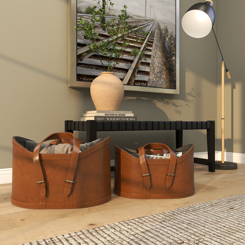 Leather Handmade Decorative and Functional Storage Basket with Handles, Brown