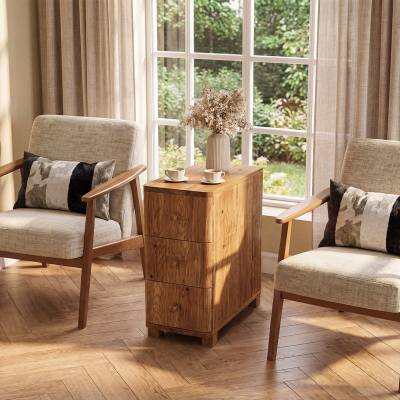 Table de bout en bois massif avec 3 tiroirs, 1