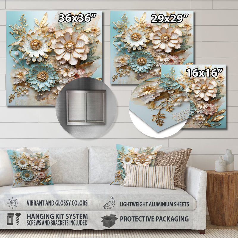 Marguerite dorée blanche et bleue feuilles dorées - Art mural marguerite, Métal métal, H 30 po x l 30 po x P 1 po