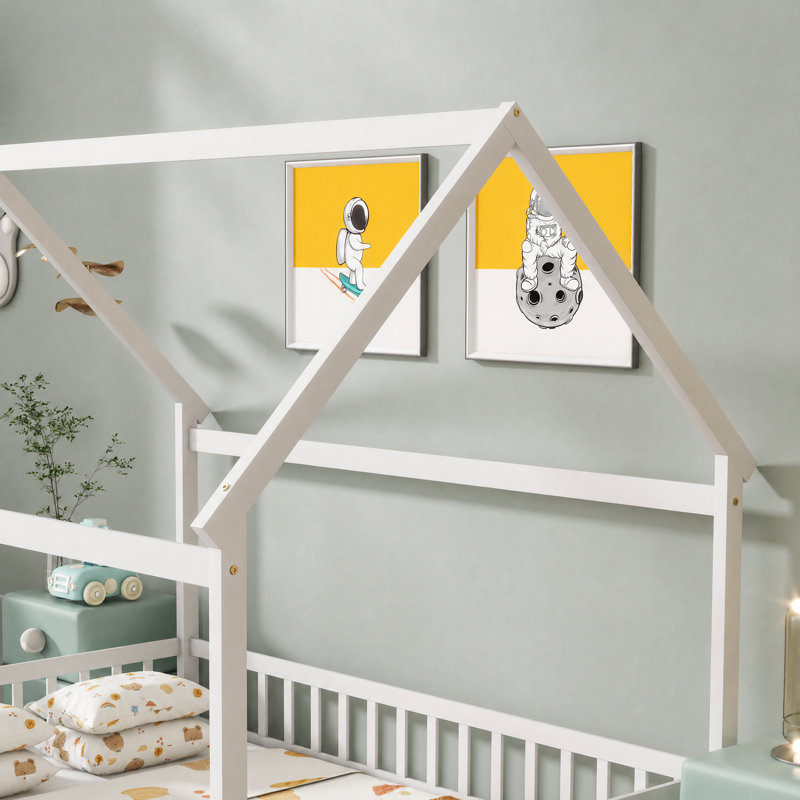 Structure de lit en bois avec structure de toit, garde-corps de sécurité, lit plateforme pour les adolescents, Blanc