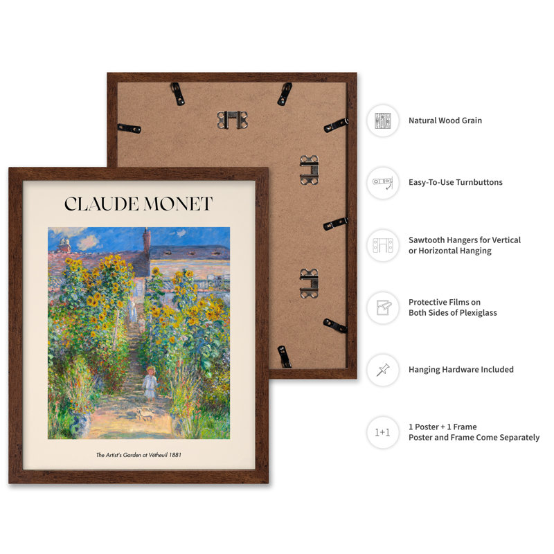 Claude Monet - Le jardin de l'artiste à Vetheuil, 16"H x 20"W, Poster, Brown Framed
