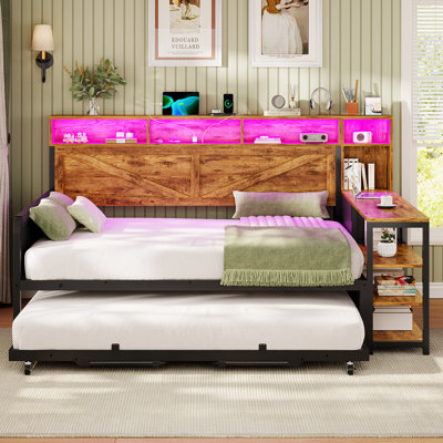Daybed with Pop Up Trundle, Farmhouse Wooden Full Size Daybed Frame with 3 Storage Drawers and Shelves, Full Daybed with Charging Station and LED Lights for Bedroom, Guest Room