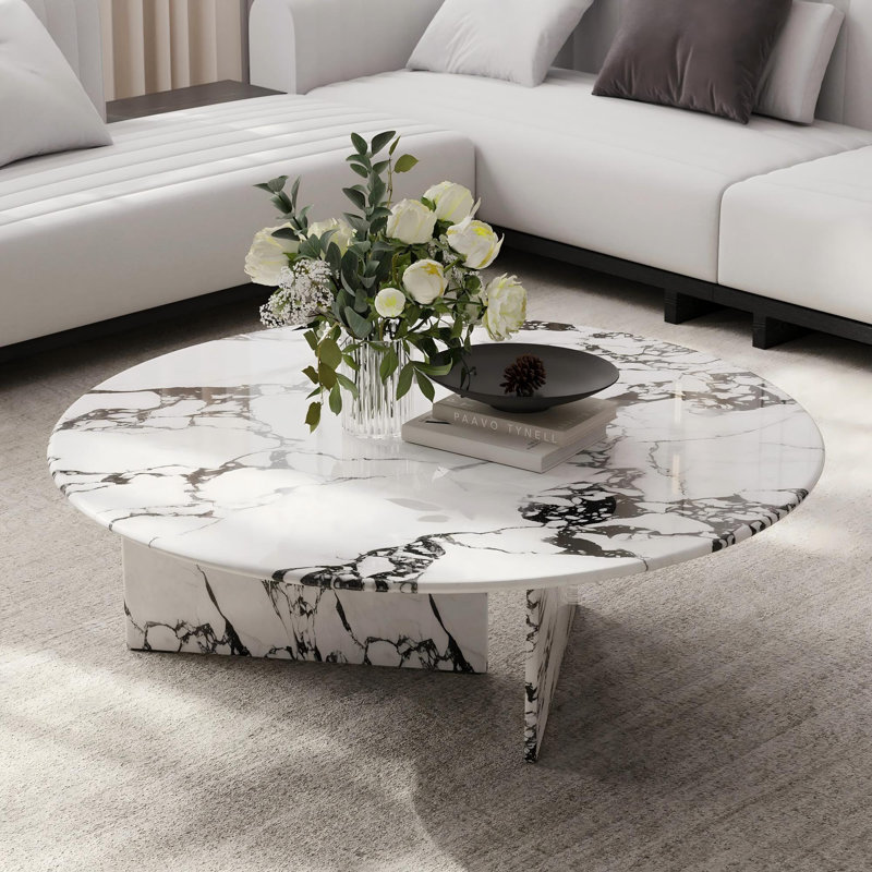 36" Round Marble Coffee Table, Modern White Coffee Table with Two Unique Legs