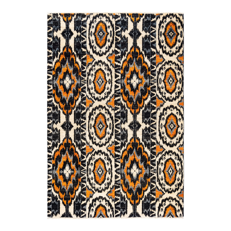 Tapis unique noir / orange / blanc cassé noué à la main 6 pi 2 po x 9 pi 5 po Vetka