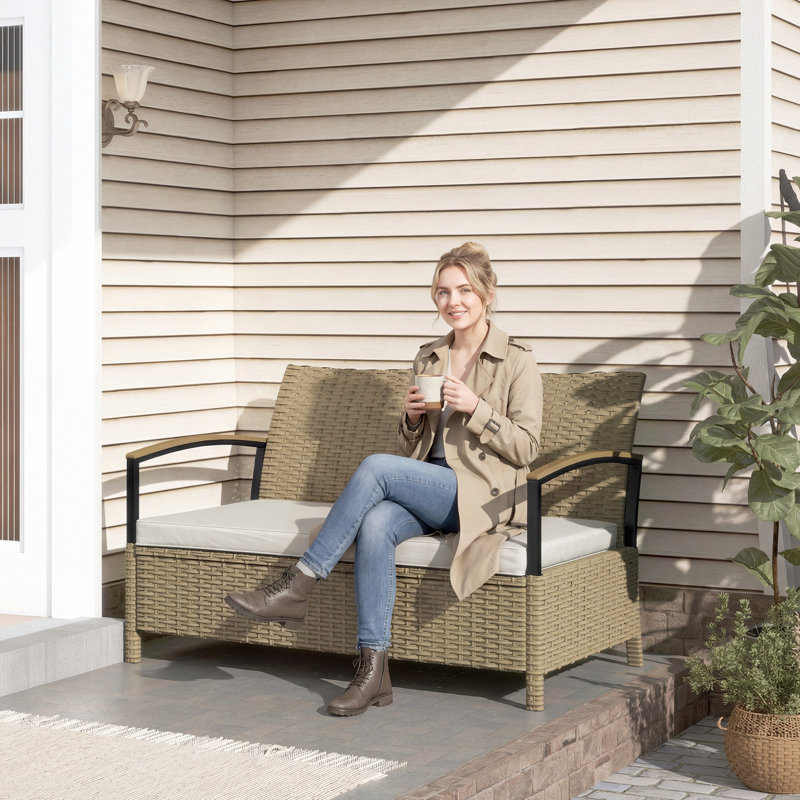 Outsunny 125L Garden Storage Bench 2 Seater PE Rattan Metal Frame, Beige/Black