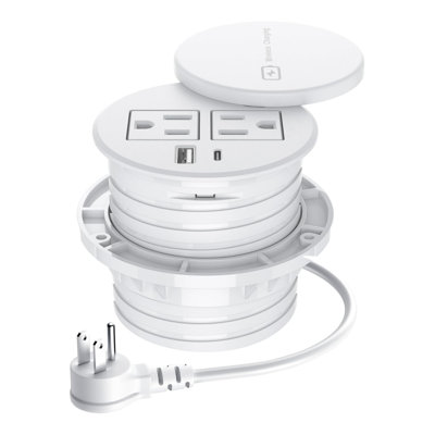 Chargeur sans fil 15 W, charge USB C 20 W, charge rapide de 3 po, œillet encastré, 2 prises CA, couvercle de trou de bureau encastré pour câbles, blanc