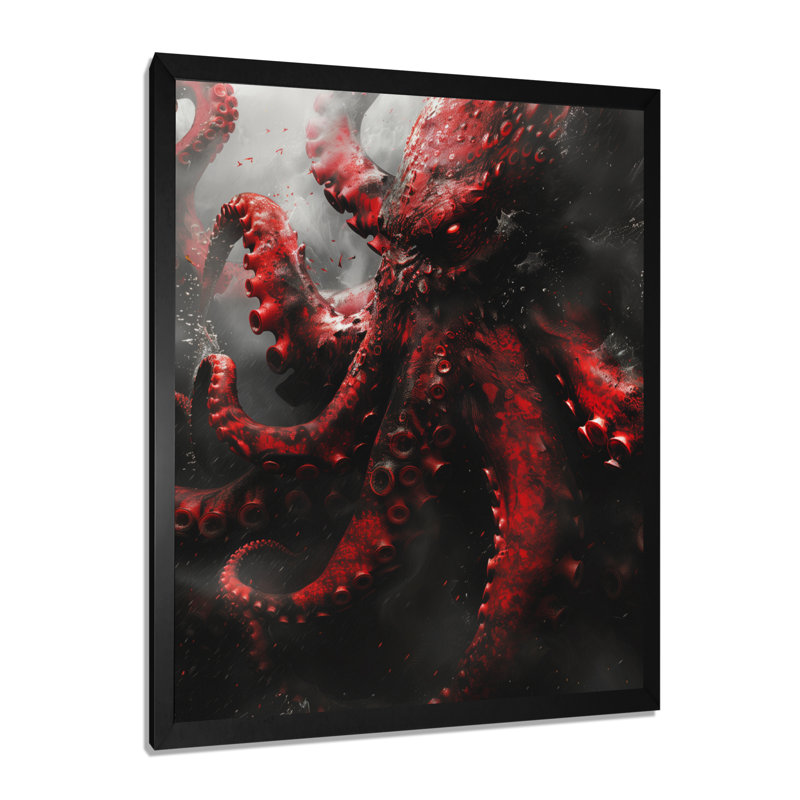 «Red Grey Kraken Mythical Creature II», reproduction d'art mural Mythical Creatures, Cadre simple noir
