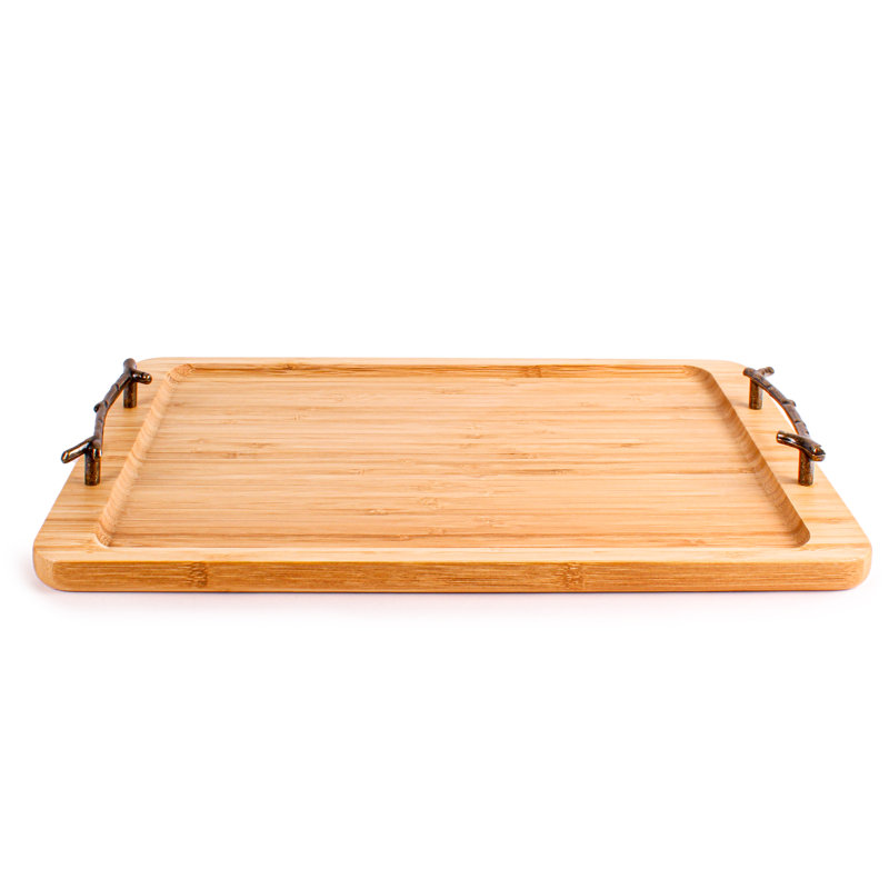 Bamboo Serving Tray with Wrought Iron Handles, 15.5"