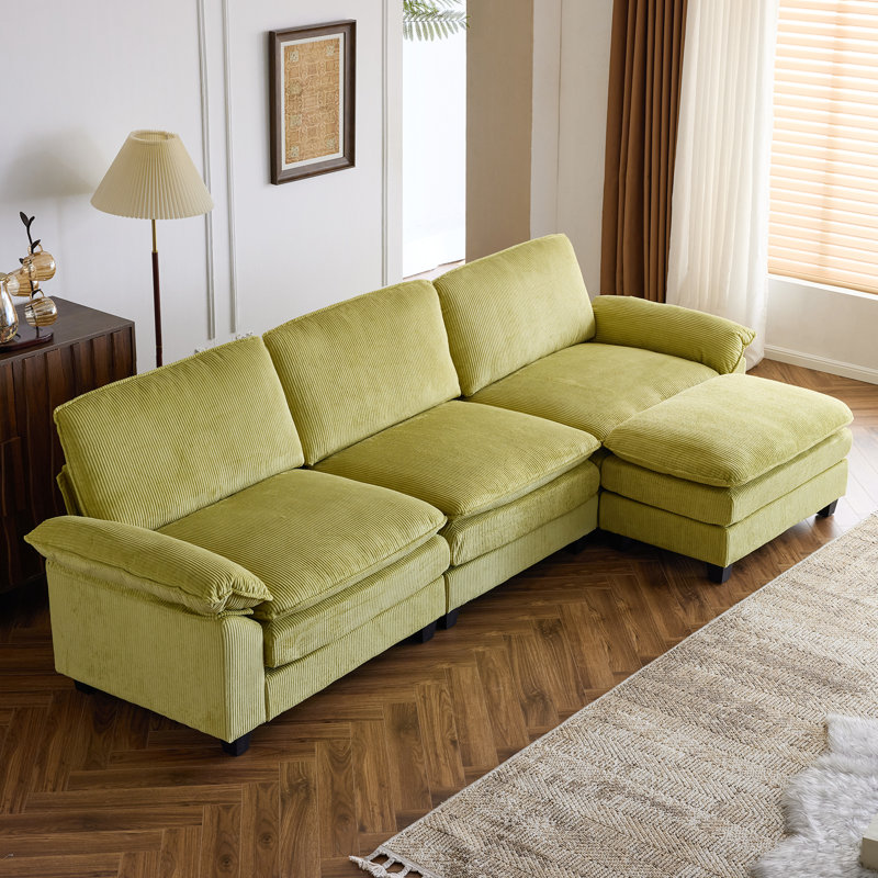 Corduroy Double Cushion Sectionals With One Ottoman, Green Corduroy