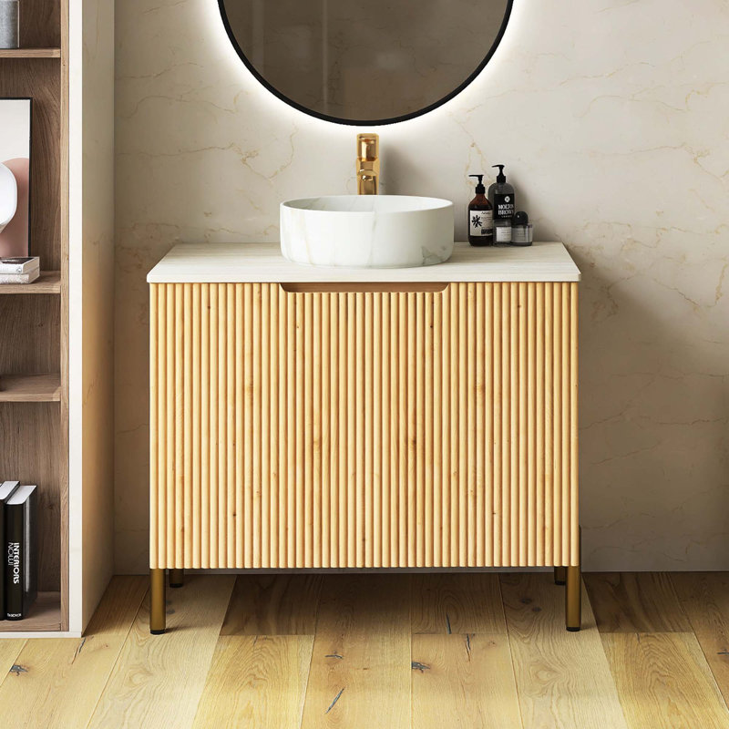 Meuble-lavabo autoportant avec lavabo et portes en céramique, comptoir blanc Carrara, Orange