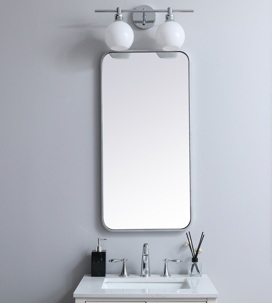 Sabine Metal Rounded Rectangle Wall Mirror, Silver, 36" x 18"