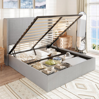Hydraulic Lift Up Storage Platform Bed, Upholstered In Corduroy,No Spring Box Needed