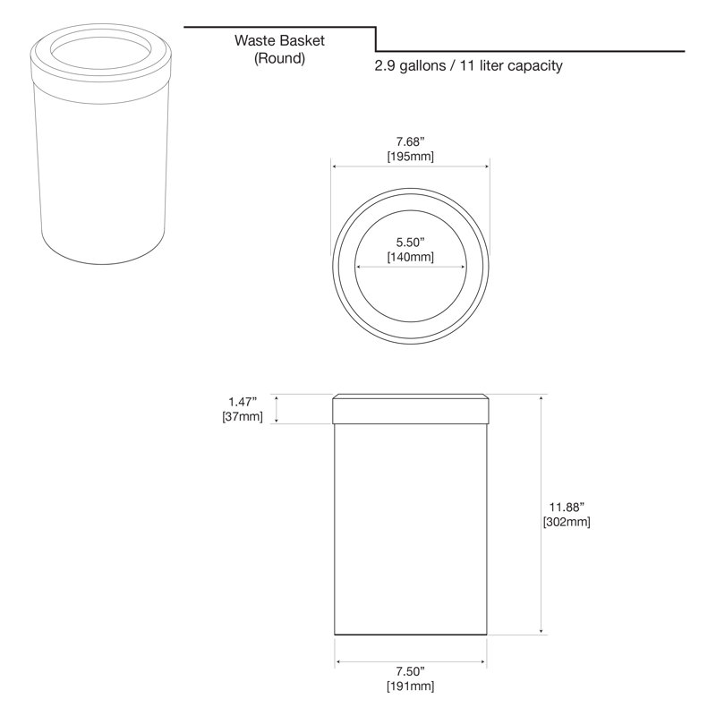Poubelle ronde en acier inoxydable 2,9 gallons Latitude II, Noir mat