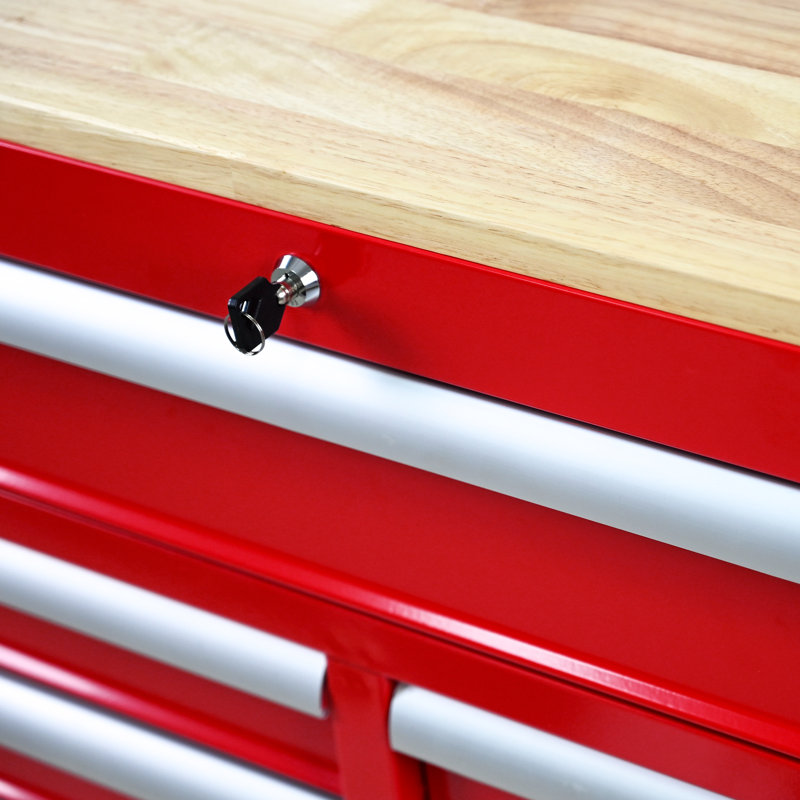 Chariot à outils multifonctionnel à 9 tiroirs avec roulettes et plateau en bois, Rouge
