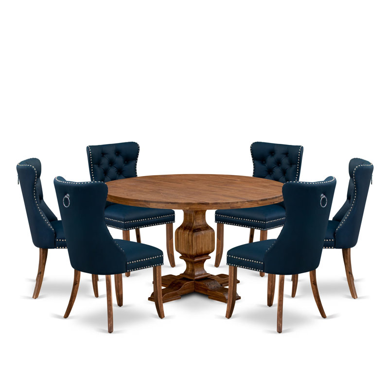 Ensemble de table de cuisine 7 pièces avec similicuir, 6 chaises de salle à manger Parson bleu marine, dossier capitonné et une table ronde de 54 po au fini noyer antique.