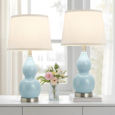 Ensemble de 2 lampes de table en céramique 22 "à double courge bleue, 2 lampes de table de chevet à température réglable, ampoules incluses