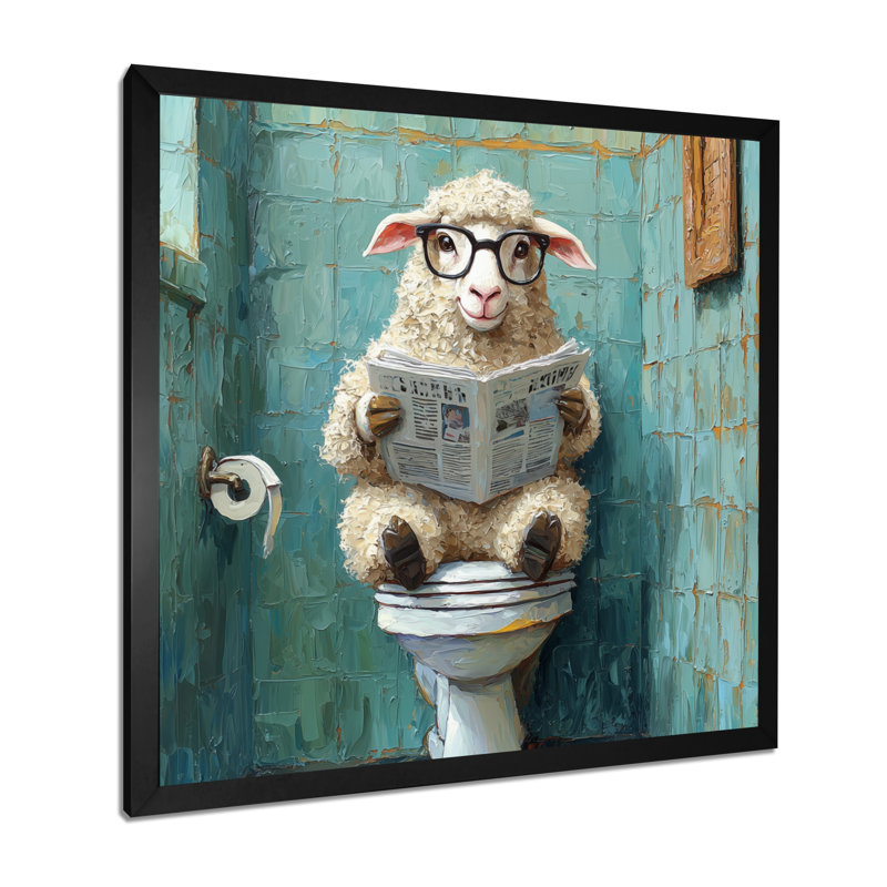 Kethia, mignon mouton lisant un journal dans la salle de bain II - mouton, art mural, Reproduction encadrée d'une seule photo