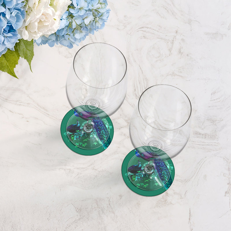 Family Pheasants Pinot Vegan Leather Round Coasters, Peacock