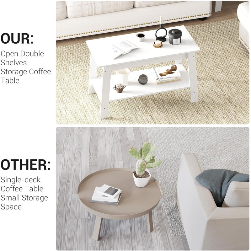 Table basse rustique à 2 niveaux pour le salon, table rectangulaire en bois de style maison de campagne moderne pour bureau à domicile, chambre à coucher, appartement, blanc