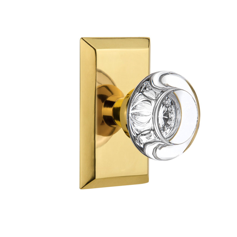 Plaque Studio avec poignée de porte ronde en cristal transparent, Laiton poli, 2 3/4 po