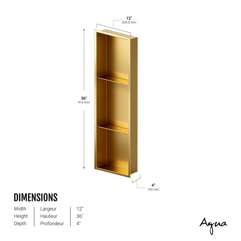 Niche de douche rectangulaire en laiton brossé 12 po x 36 po, Laiton brossé
