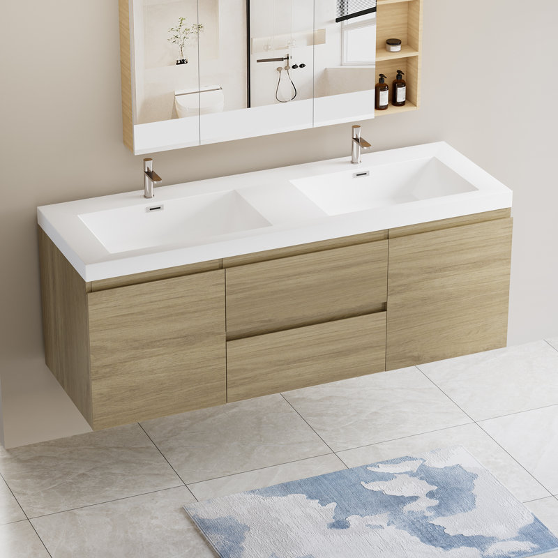Ensemble de meuble-lavabo mural 60 po, Chêne naturel, Blanc lustré