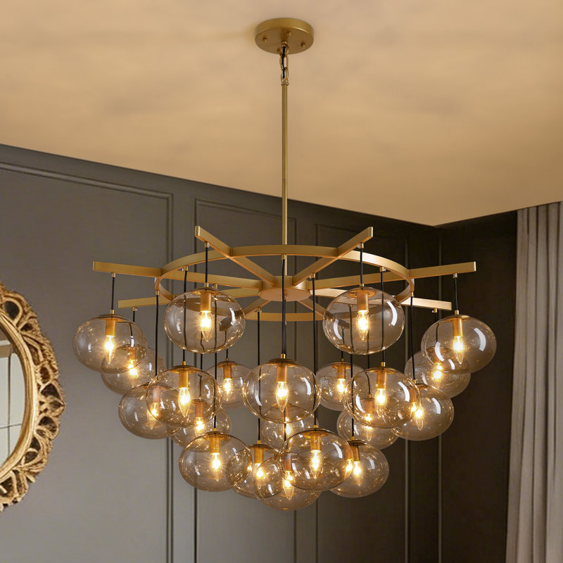 Lustre en verre à bulles Spoutnik à intensité variable 21 lumières 47,2 po Adelene, Doré, H 27,8 po x l 47,2 po x P 47,2 po