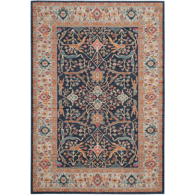 Tapis oriental crème / bleu marine / orange Christa, Rectangle 5 pi 3 po x 7 pi 6 po
