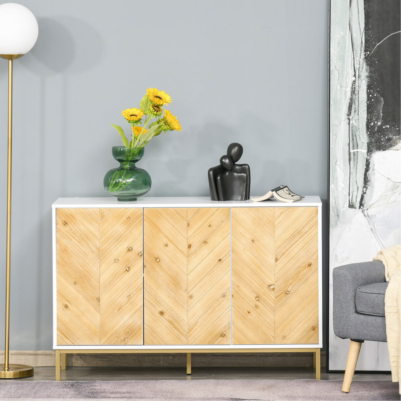 Buffet en bois naturel - 3 portes avec ornementation, tablette réglable et pieds en métal