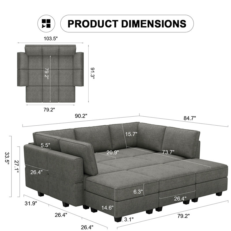 Neemi Upholstered Sectional, Light Gray Terry