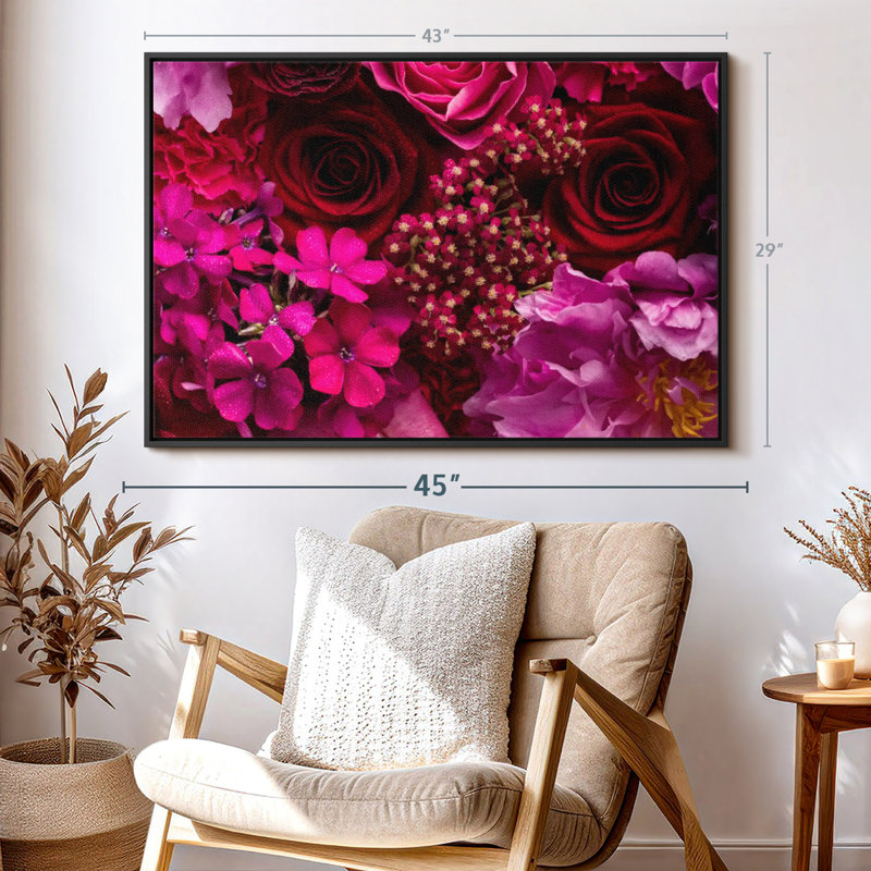 Fleurs rouges et roses sur toile, H 29 po x l 43 po