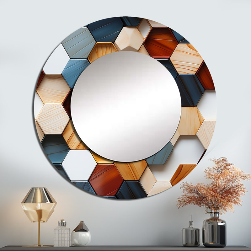 «Sashko Orange and Grey Hexagons Angularity», miroir mural décoratif géométrique, grand miroir rond moderne, impression d'art en métal