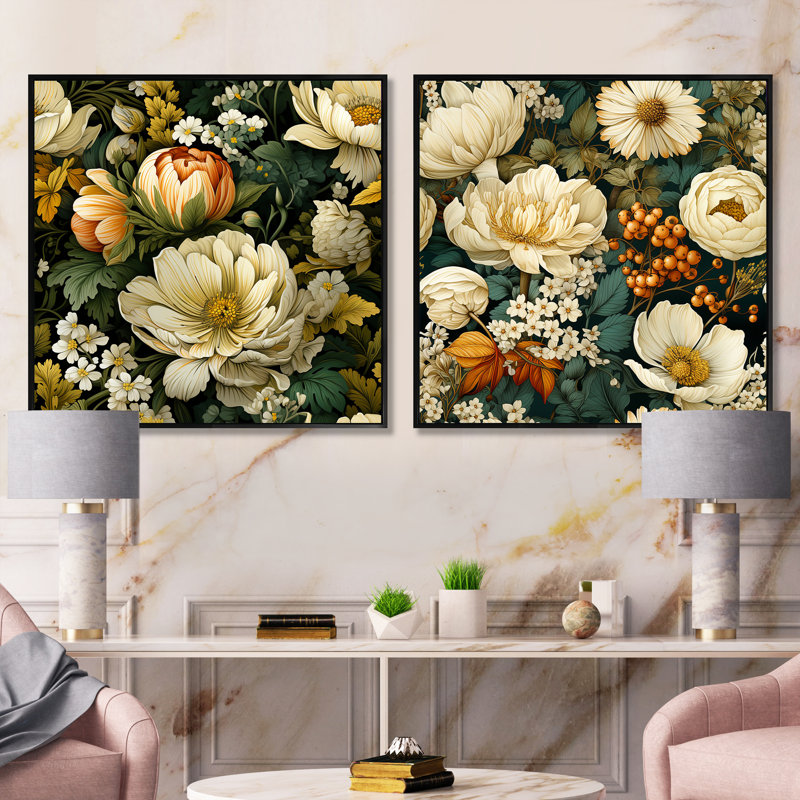 Monette - Ensemble de 2 collages floraux carrés, Cadre flottant noir, H 16 po x l 33 po