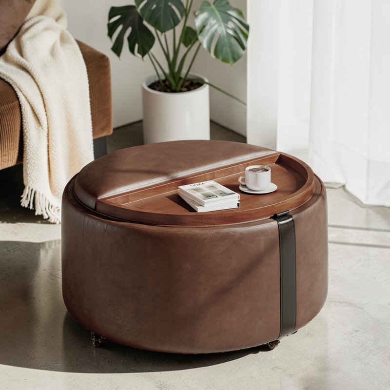 Repose-pieds rond avec rangement à roulettes, table basse avec plateau réversible