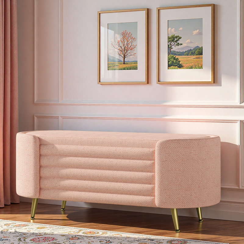Banc moderne avec repose-pieds ovale avec grand espace de rangement et pieds en métal, Rose