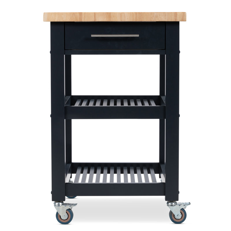 Midnight Navy Rubber Wood Butcher Block Kitchen Cart with Storage