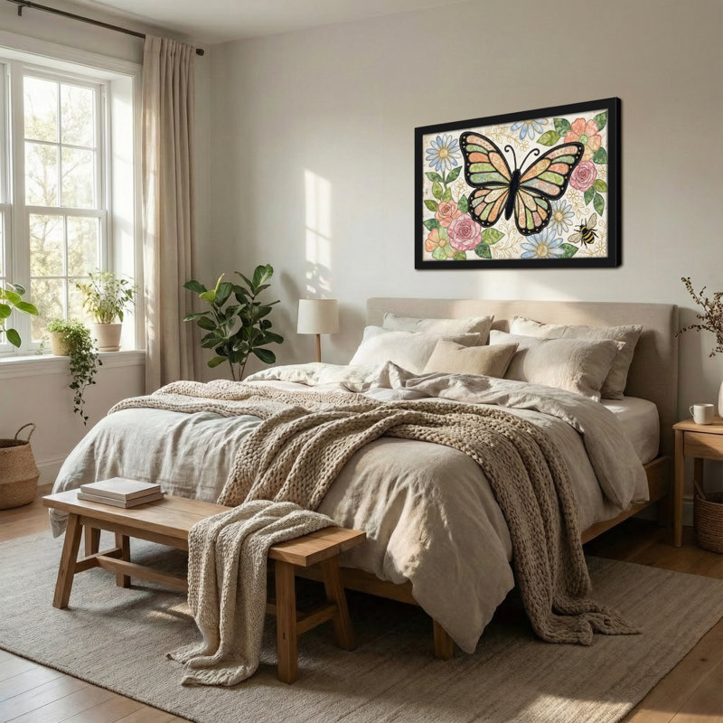 Animaux, motif de fleurs, abeilles et papillon, H 12 po x l 18 po