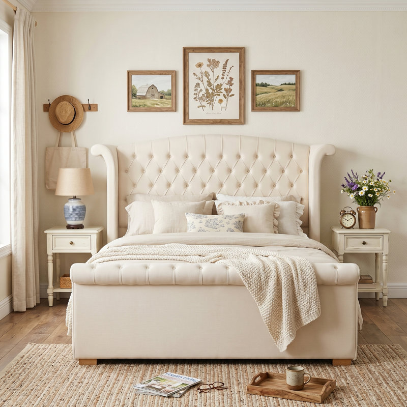 Lit-bateau tapissier en velours avec tête de lit capitonnée à oreilles et deux tiroirs de rangement latéraux, Cream, Grand
