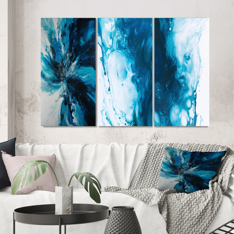 Bleu et noir, marbre chromatique - ensemble d'art abstrait de 3 pièces, Toile tendue, H 20 po x l 36 po
