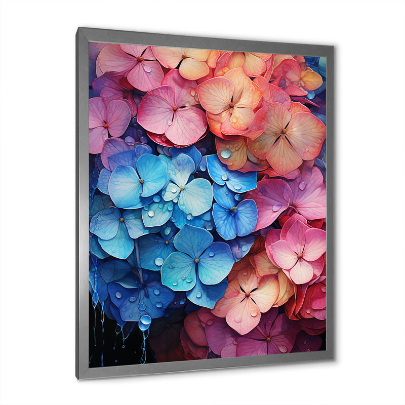 Hydrangées bleues et roses - Pétales surréels, Cadre photo argenté, H 40 po x l 30 po x P 1,5 po
