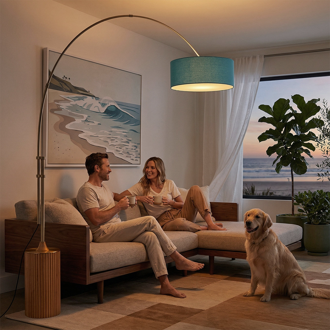 Tambo 92"H 1-Light Arc Lamp, Linen Shade, Light Wood Base, Weathered Brass, Dimmable, for Living Room or Bedroom, Turquoise